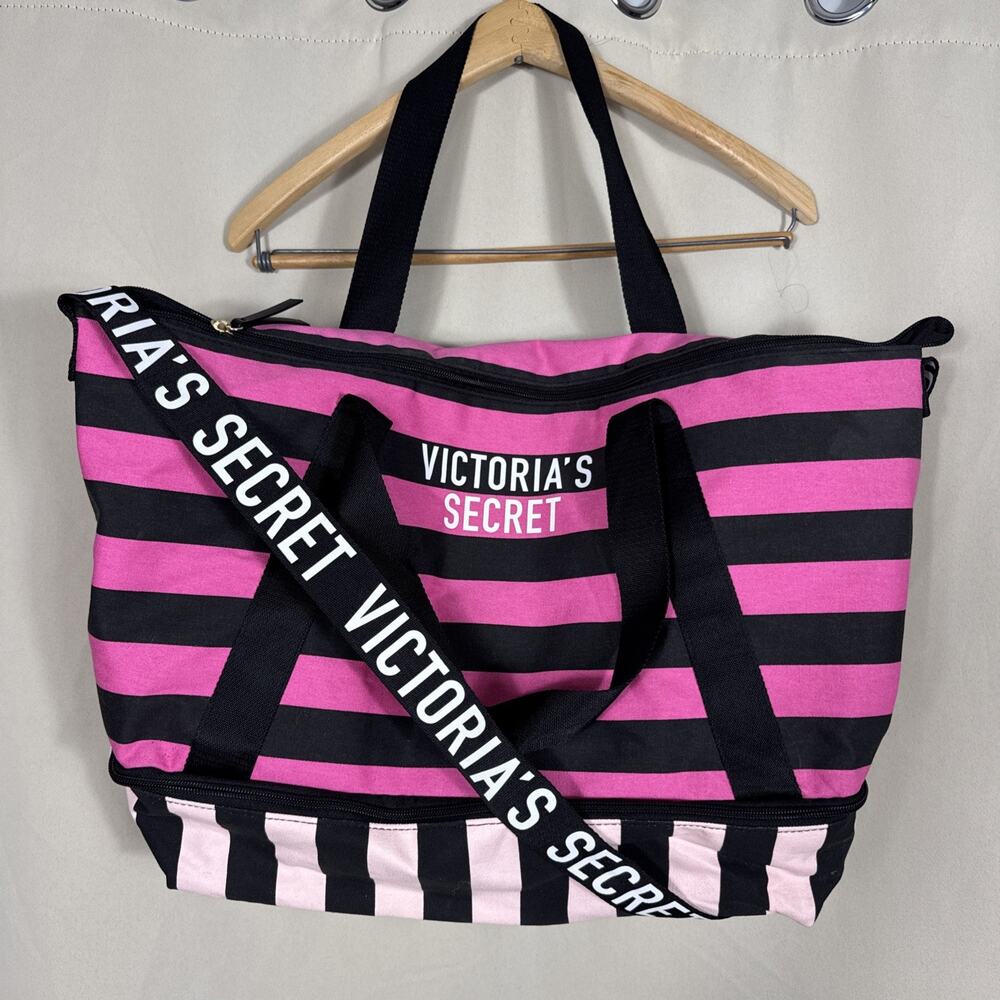 Victoria’s Secret Pink Black Stripe Expandable Weekender Duffle Travel Bag